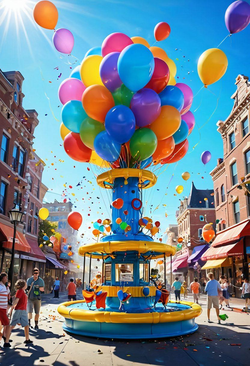 A whimsical scene featuring colorful inventions like a joy-generating machine with balloons and confetti, a creativity fountain splashing vibrant paint, and playful gadgets that spark laughter and imagination. Bright sun rays illuminate the scene, inviting a feeling of happiness and inspiration. The background is filled with abstract shapes and cheerful characters engaging with the inventions. super-realistic. vibrant colors. cartoonish elements.